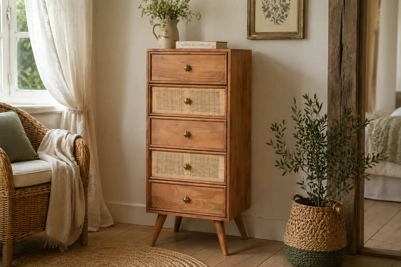 Rangement acacia et cannage