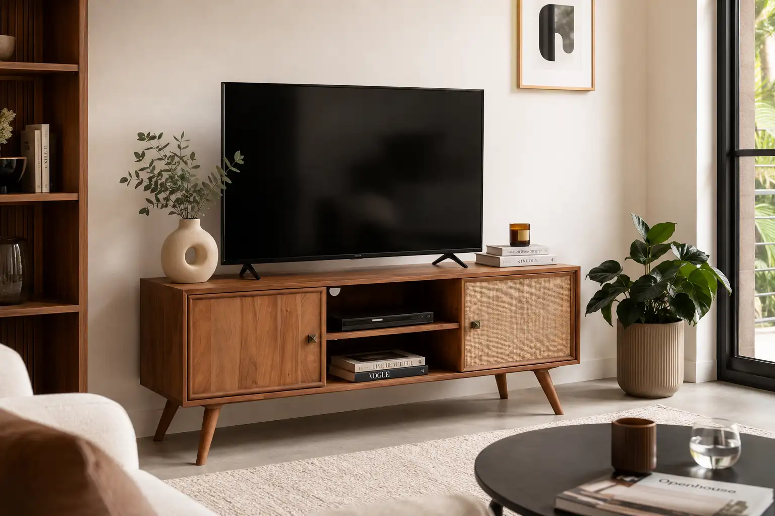 Meuble TV acacia et cannage