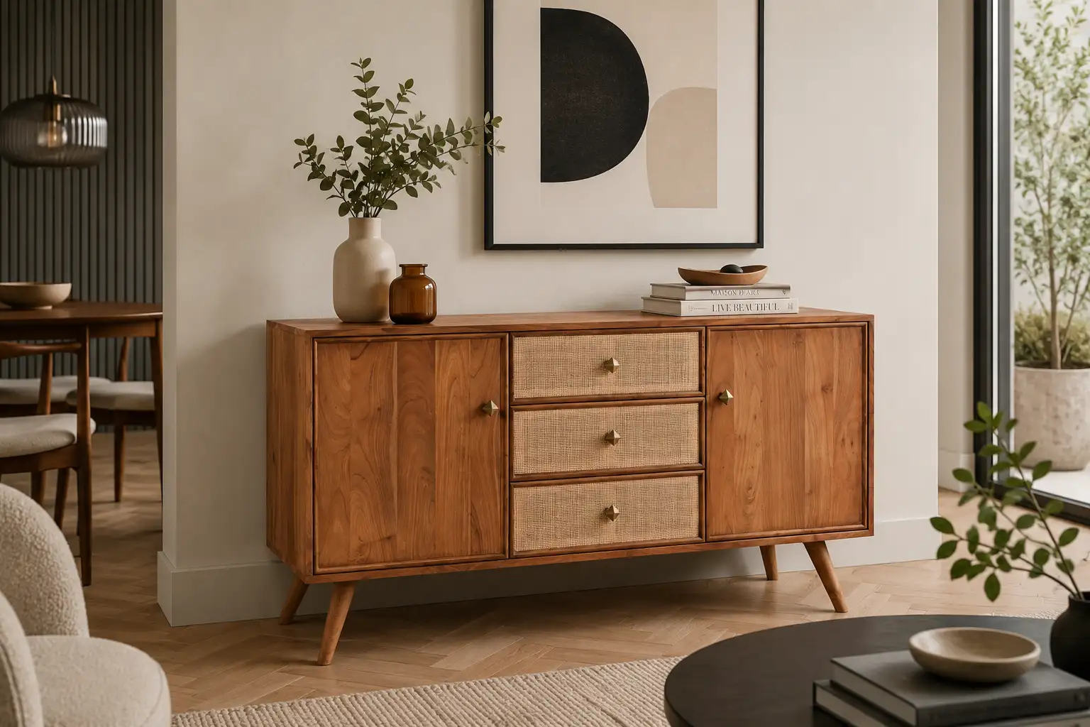 Buffet acacia et cannage